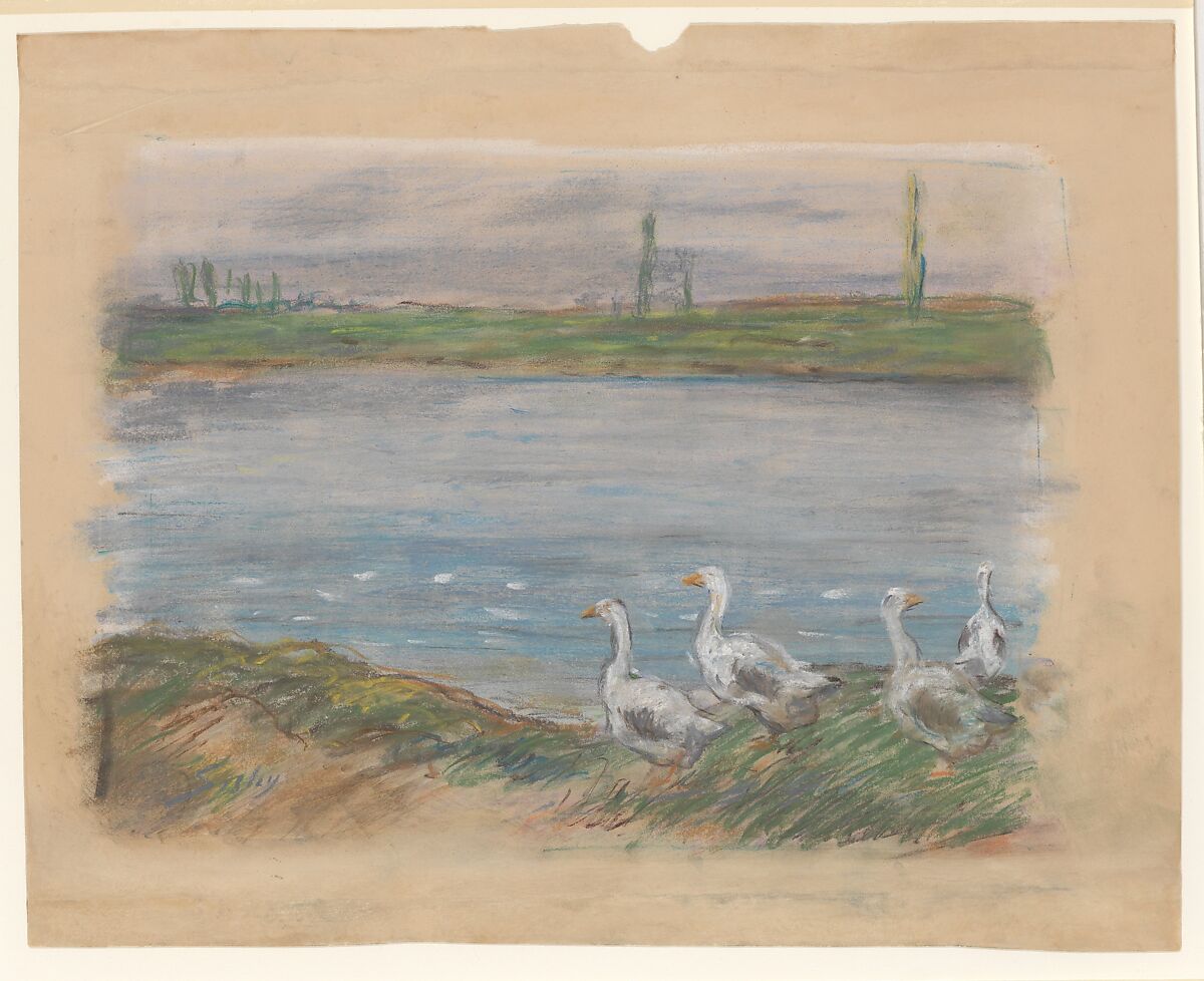 Four Geese by the River, Alfred Sisley (British, Paris 1839–1899 Moret-sur-Loing), Pastel on heavy cream paper 