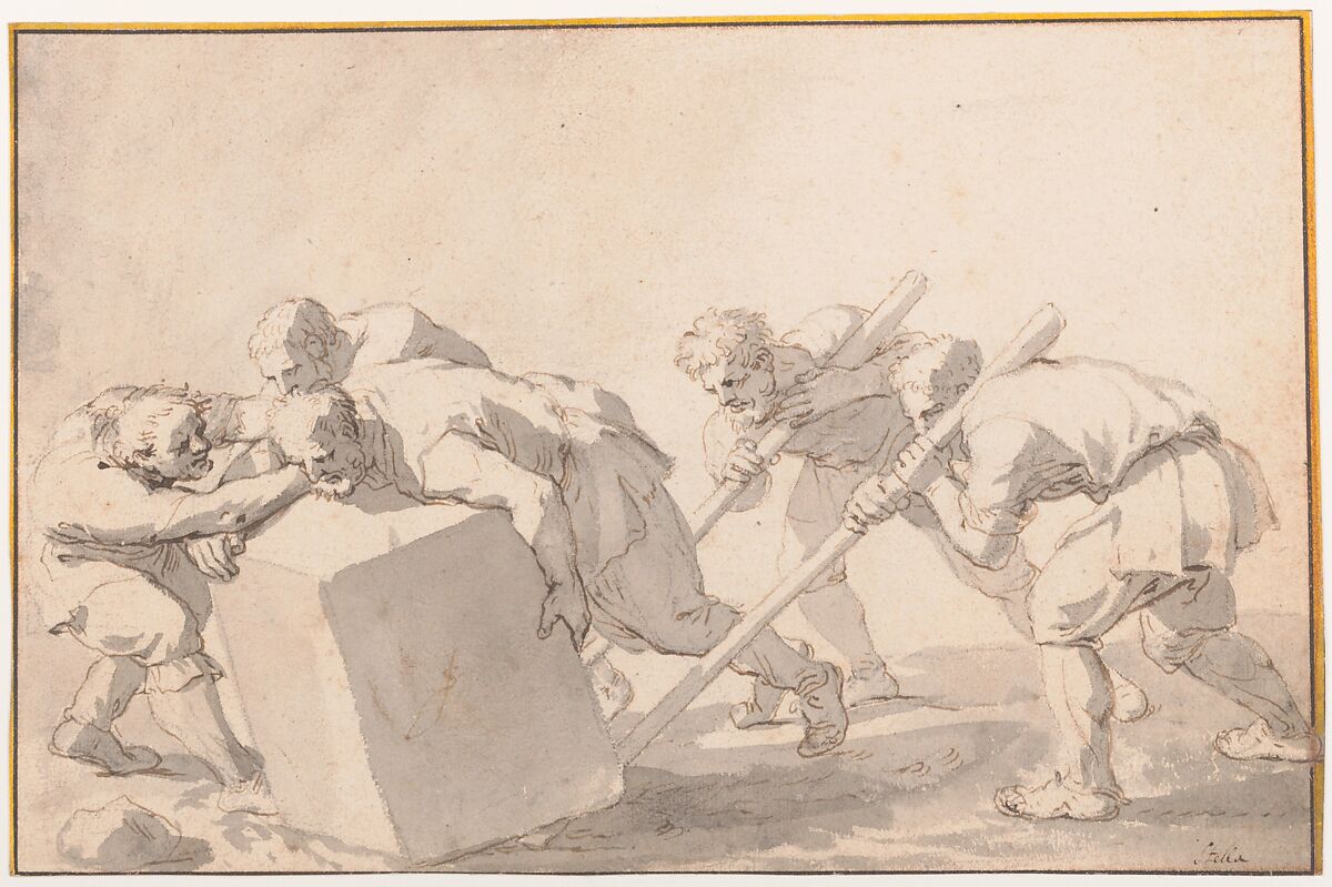 Five Men Pushing a Block of Stone, Jacques Stella (French, Lyons 1596–1657 Paris), Pen and brown ink, brush and gray wash, over traces of black chalk