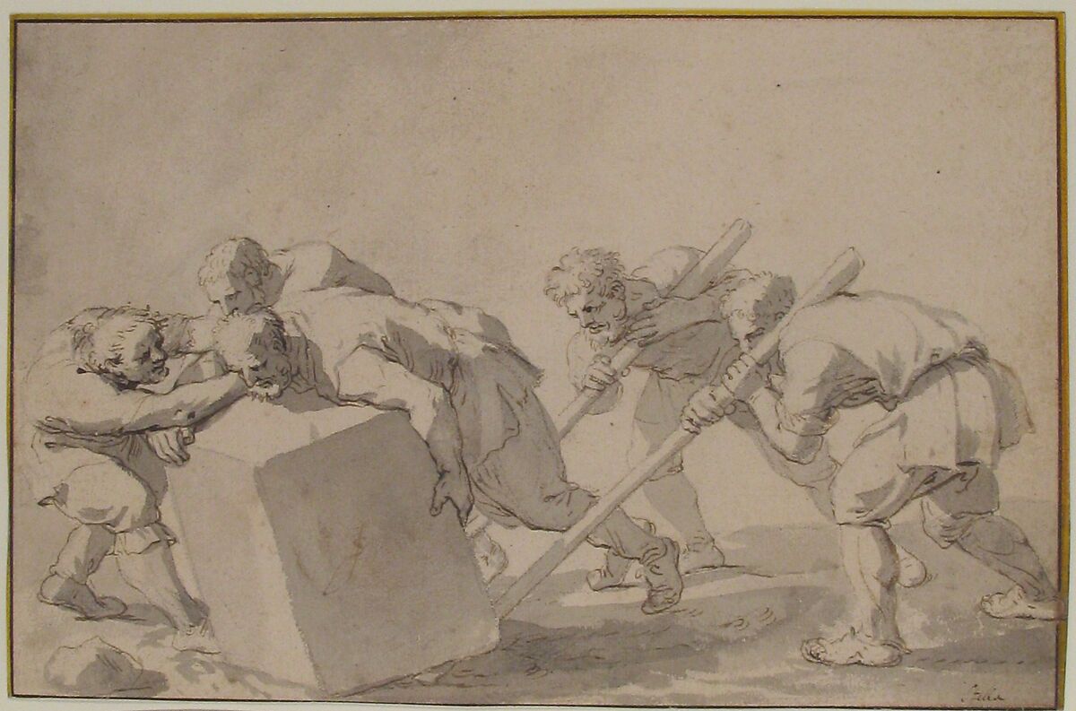 Five Men Pushing a Block of Stone, Jacques Stella (French, Lyons 1596–1657 Paris), Pen and brown ink, brush and gray wash, over traces of black chalk