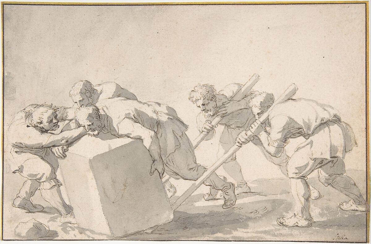 Five Men Pushing a Block of Stone, Jacques Stella (French, Lyons 1596–1657 Paris), Pen and brown ink, brush and gray wash, over traces of black chalk 