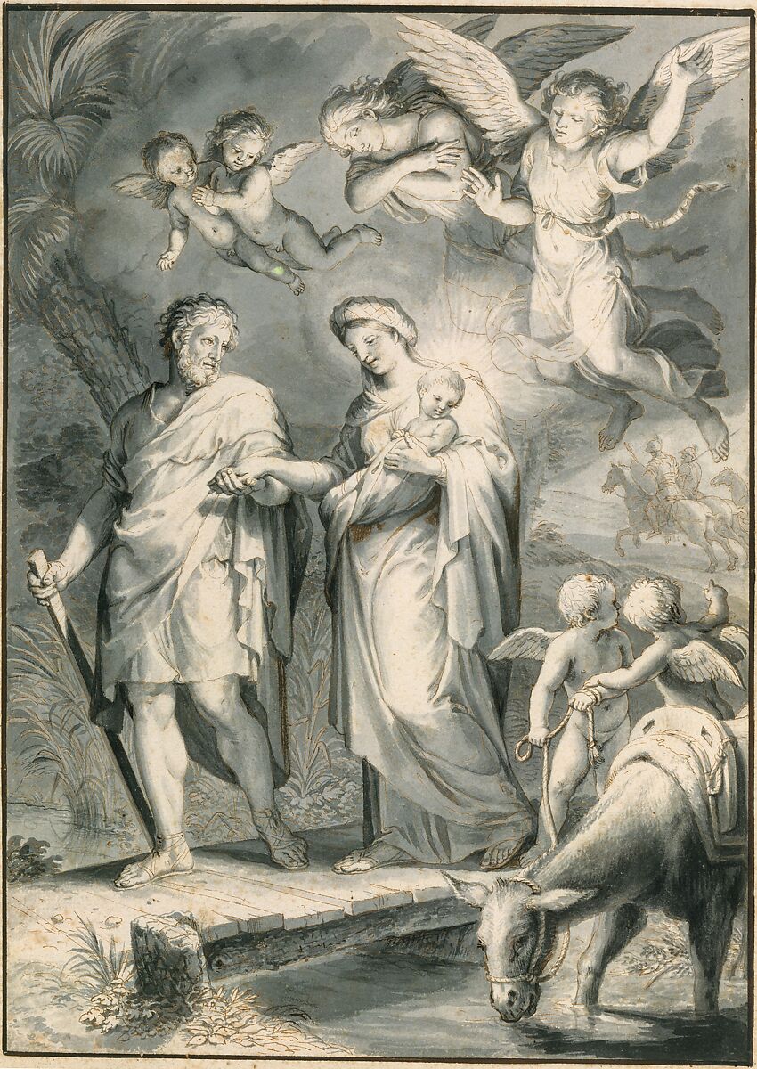 The Flight into Egypt, Jacques Stella (French, Lyons 1596–1657 Paris), Pen and brown ink, brush and gray wash, heightened with white