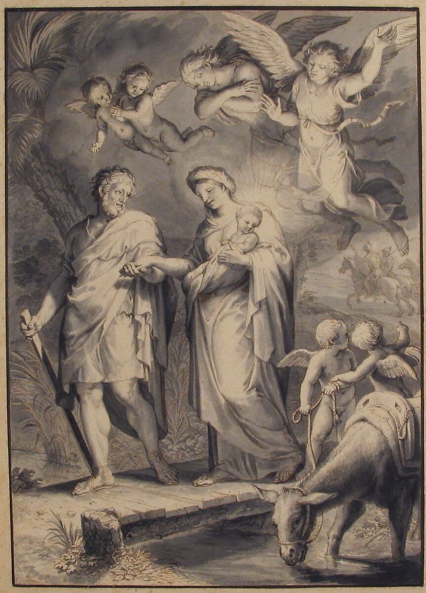 The Flight into Egypt, Jacques Stella (French, Lyons 1596–1657 Paris), Pen and brown ink, brush and gray wash, heightened with white