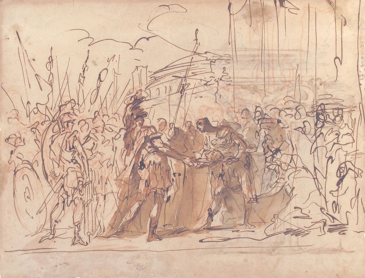 The Head of Pompey Presented to Julius Caesar (recto); Study for an Elaborate Door Frame (verso), Giovanni Antonio Pellegrini (Italian, Venice 1675–1741 Venice), Pen and brown ink, brush and brown wash, over red and black chalk; traces of white chalk at upper right edge (recto); pen and brown ink, brush and brown wash, over black chalk (verso)