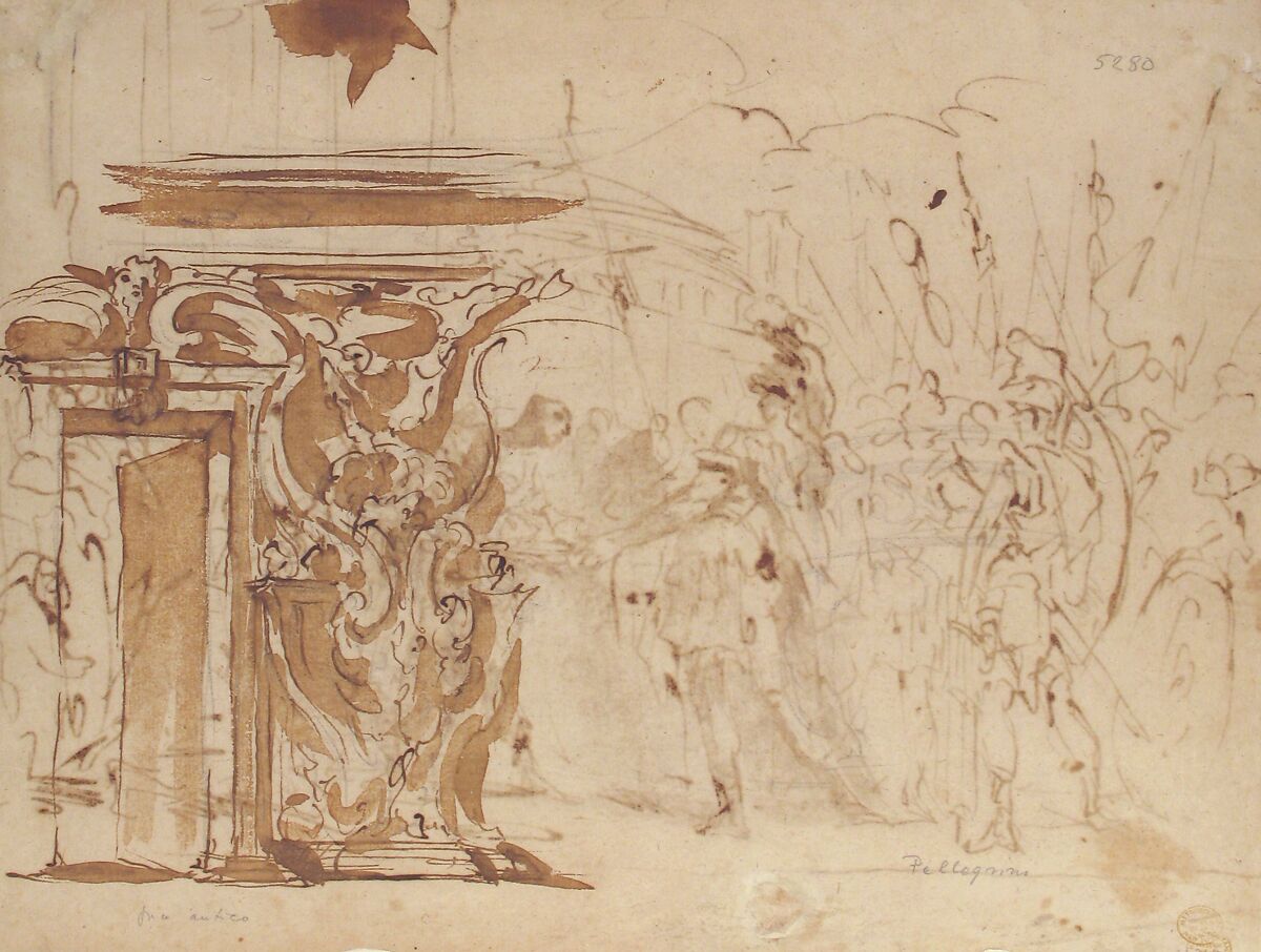The Head of Pompey Presented to Julius Caesar (recto); Study for an Elaborate Door Frame (verso), Giovanni Antonio Pellegrini (Italian, Venice 1675–1741 Venice), Pen and brown ink, brush and brown wash, over red and black chalk; traces of white chalk at upper right edge (recto); pen and brown ink, brush and brown wash, over black chalk (verso)