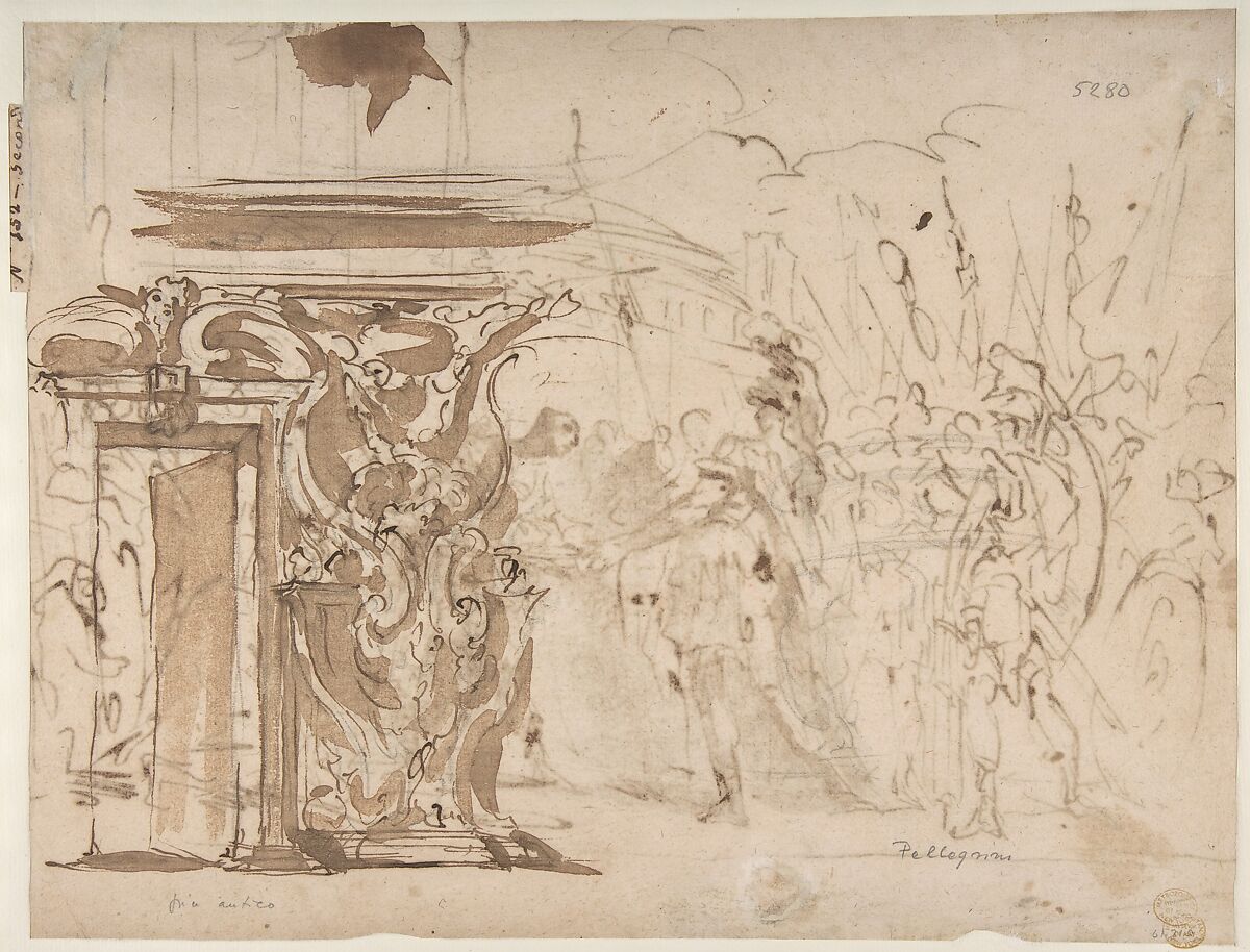 The Head of Pompey Presented to Julius Caesar (recto); Study for an Elaborate Door Frame (verso), Giovanni Antonio Pellegrini (Italian, Venice 1675–1741 Venice), Pen and brown ink, brush and brown wash, over red and black chalk; traces of white chalk at upper right edge (recto); pen and brown ink, brush and brown wash, over black chalk (verso)