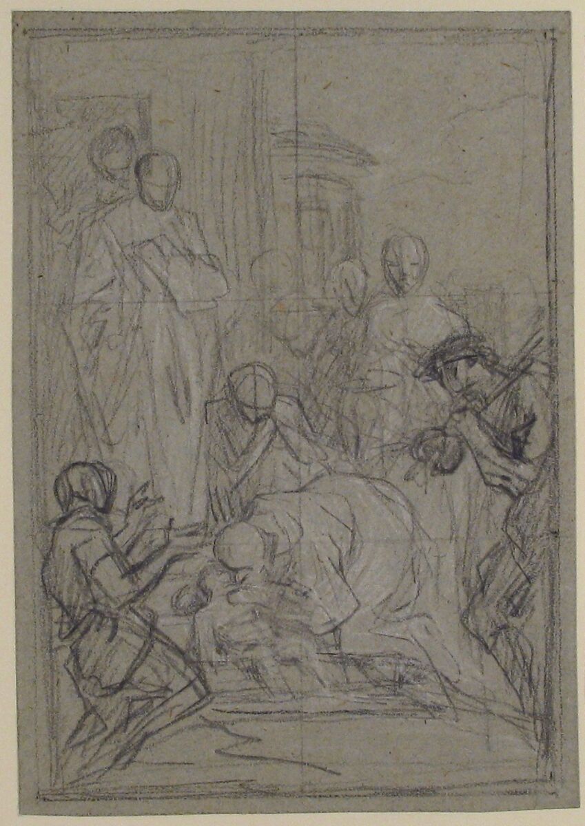 St. Benedict Resuscitating an Infant, Pierre Hubert Subleyras (French, Saint-Gilles-du-Gard 1699–1749 Rome), Black chalk, heightened with white, on gray-green paper
