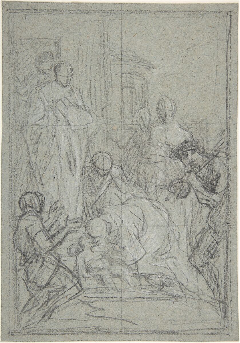 St. Benedict Resuscitating an Infant, Pierre Hubert Subleyras (French, Saint-Gilles-du-Gard 1699–1749 Rome), Black chalk, heightened with white, on gray-green paper 