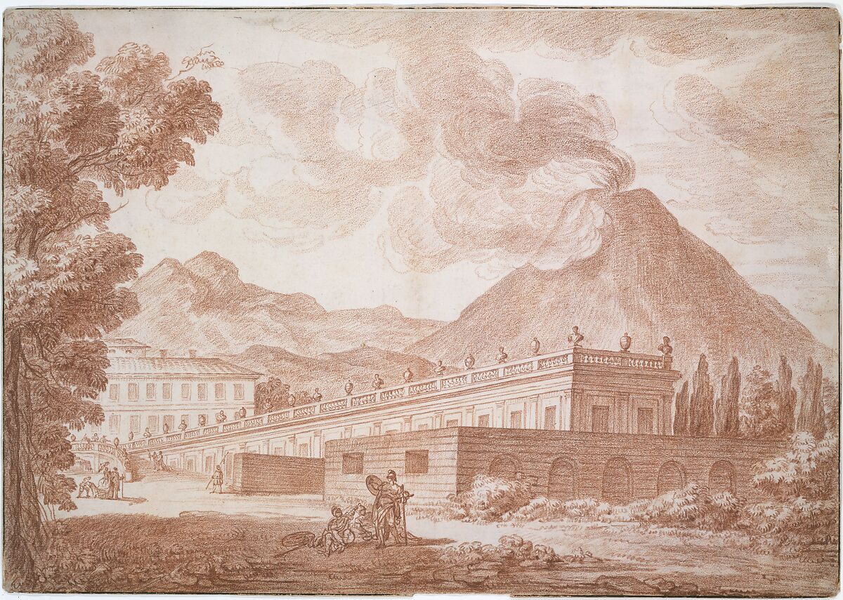 The Palazzo Reale at Pórtici with Vesuvius in the Background, Louis Chaix (French, Marseilles 1740–1811 Paris), Red chalk; vertical crease at center