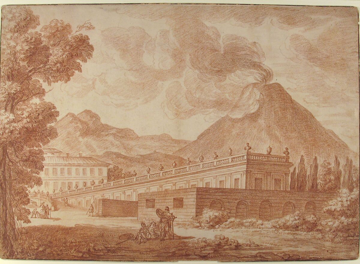 The Palazzo Reale at Pórtici with Vesuvius in the Background, Louis Chaix (French, Marseilles 1740–1811 Paris), Red chalk; vertical crease at center