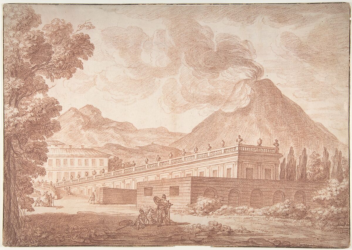 The Palazzo Reale at Pórtici with Vesuvius in the Background, Louis Chaix (French, Marseilles 1740–1811 Paris), Red chalk; vertical crease at center 