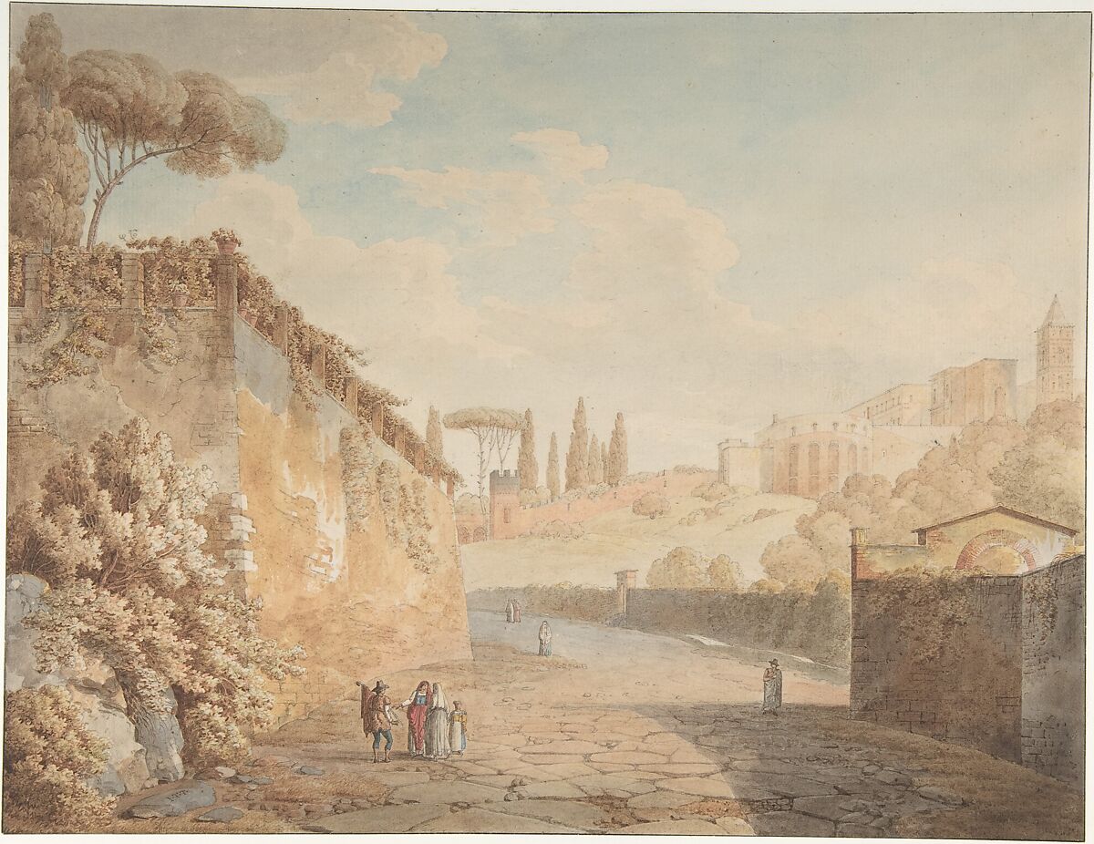 A Road below the Villa d'Este at Tivoli, Jean Thomas Thibault (French, Moutier-en-Der 1757–1826 Paris), Pen and black ink, watercolor, over traces of graphite and black chalk 