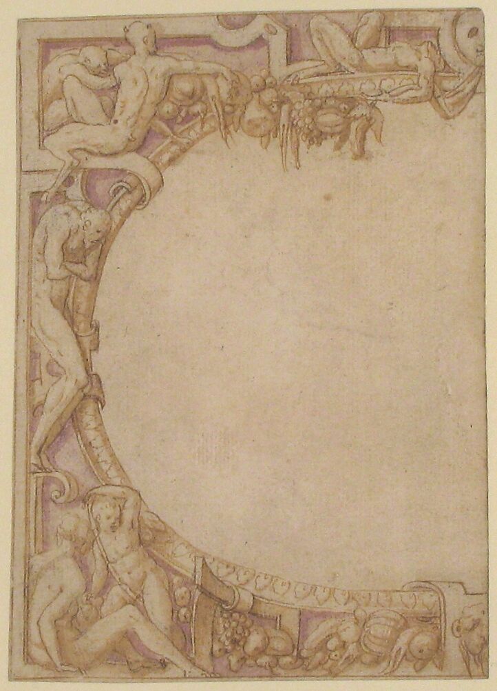 Design for One Half of an Ornamental Border, Anonymous, French, School of Fontainebleau, 16th century, Pen and brown ink, brush and lavender and brown wash, over black chalk