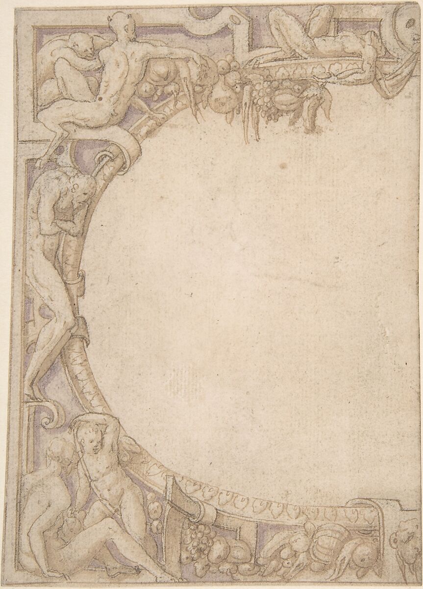 Design for One Half of an Ornamental Border, Anonymous, French, School of Fontainebleau, 16th century, Pen and brown ink, brush and lavender and brown wash, over black chalk 