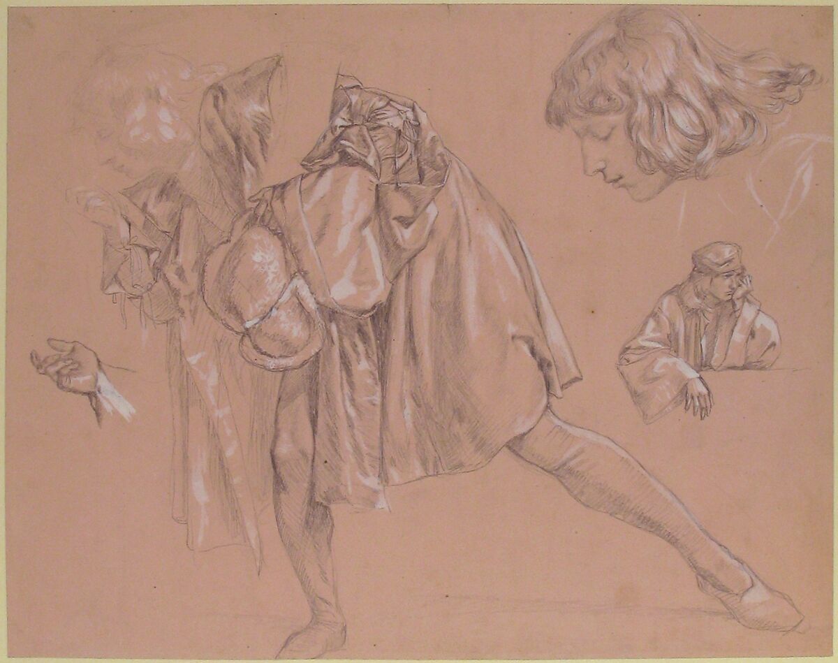 Study of a young man bending forward to kiss a hand, for the painting "The Departure of the Prodigal Son", James Tissot (French, Nantes 1836–1902 Chenecey-Buillon), Graphite, heightened with white, on pink paper