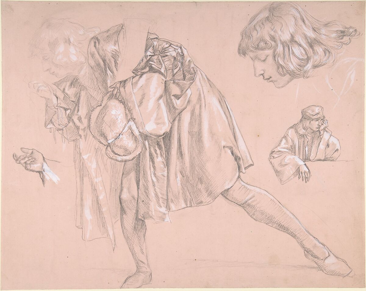 Study of a young man bending forward to kiss a hand, for the painting "The Departure of the Prodigal Son", James Tissot  French, Graphite, heightened with white, on pink paper