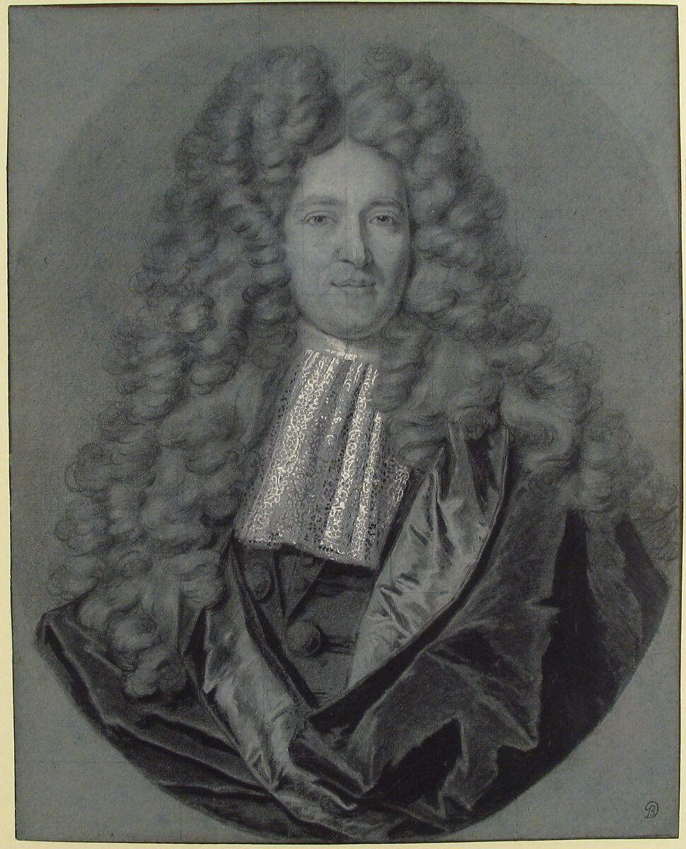 Bust of a Gentleman in an Oval Field, Hyacinthe Rigaud (French, Perpignan 1659–1743 Paris) and studio, Black and white chalk, stumped, brush and gray wash, heightened with white gouache, on gray-green paper; squared in black chalk