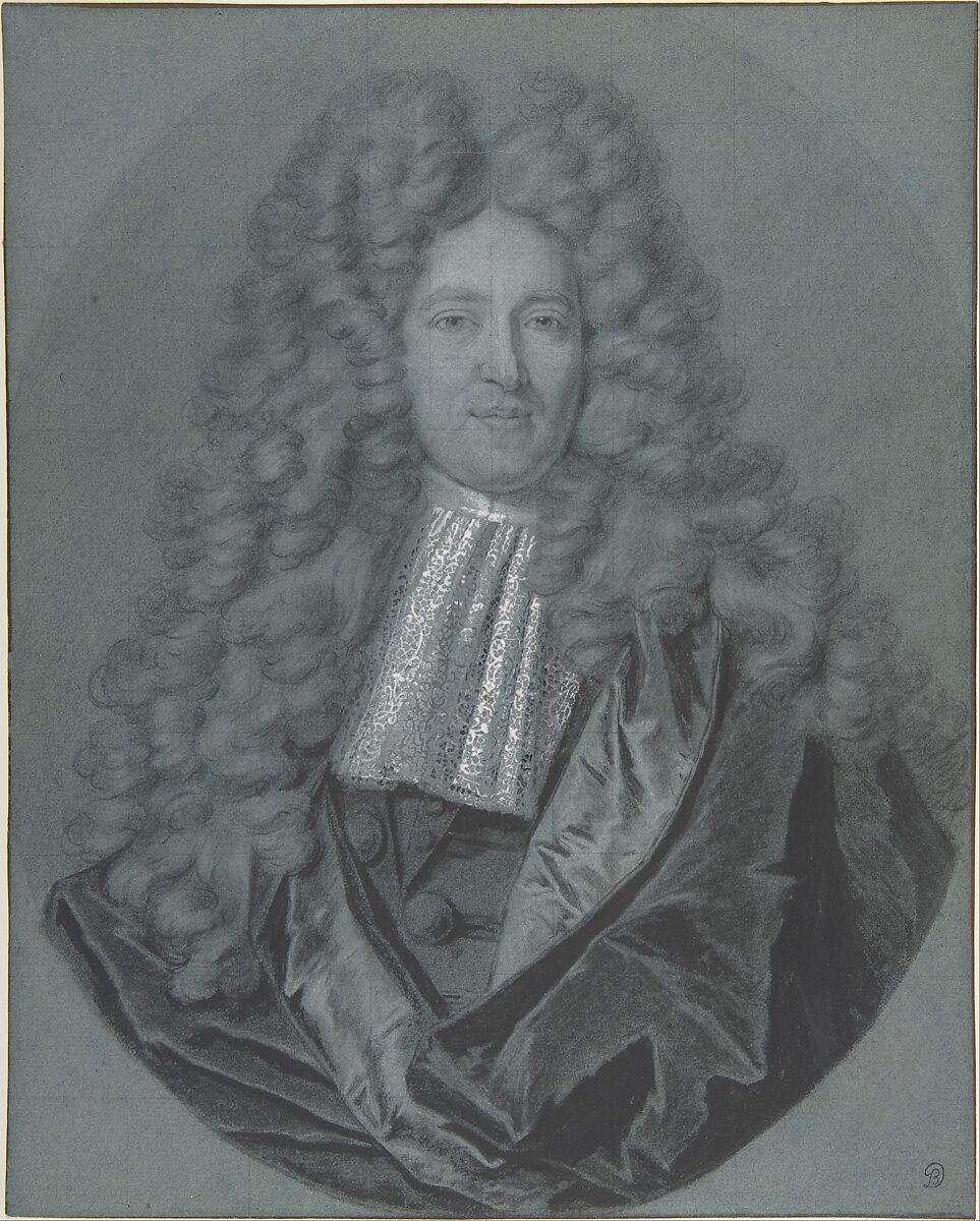 Bust of a Gentleman in an Oval Field, Hyacinthe Rigaud (French, Perpignan 1659–1743 Paris) and studio, Black and white chalk, stumped, brush and gray wash, white gouache, on gray-green paper; squared in black chalk 