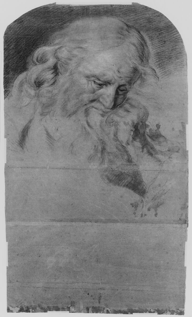 The Ascension of Christ (recto); Head of a Bearded Man Looking Down (verso), Pierre Charles Trémolières (French, Cholet 1703–1739 Paris), Black chalk and charcoal, stumped, heightened with white, on gray-blue paper (recto); black and red chalk, charcoal, stumped, heightened with white (verso)