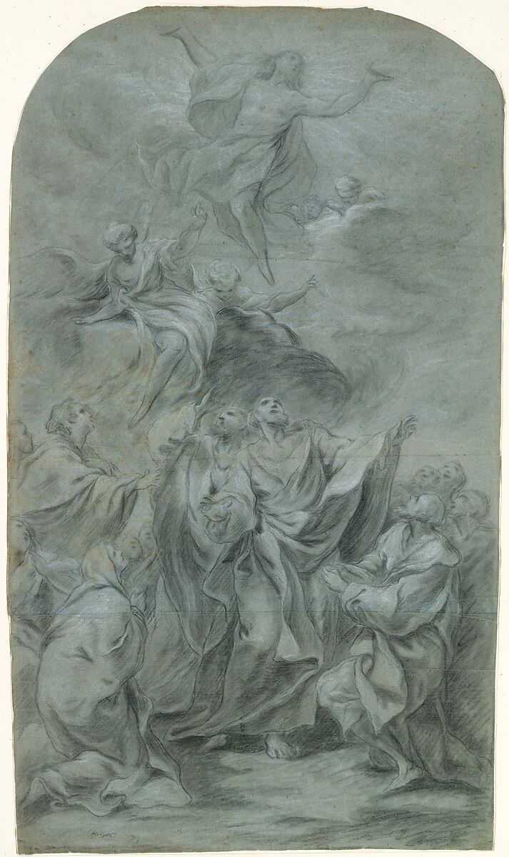 The Ascension of Christ (recto); Head of a Bearded Man Looking Down (verso), Pierre Charles Trémolières (French, Cholet 1703–1739 Paris), Black chalk and charcoal, stumped, heightened with white, on gray-blue paper (recto); black and red chalk, charcoal, stumped, heightened with white (verso) 