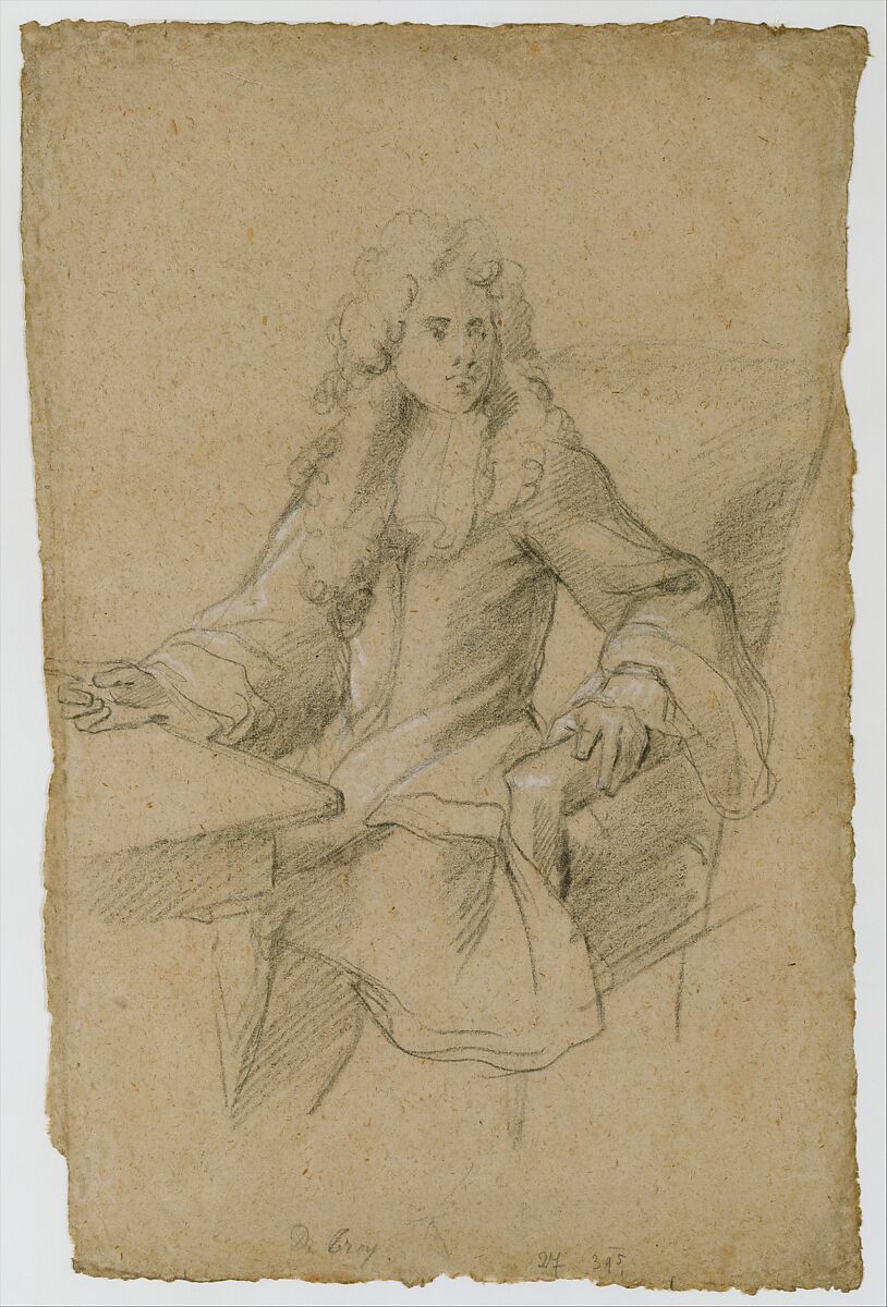 Gentleman Seated at a Table, François de Troy (French, Toulouse 1645–1730 Paris), Black chalk, heightened with white, on beige paper