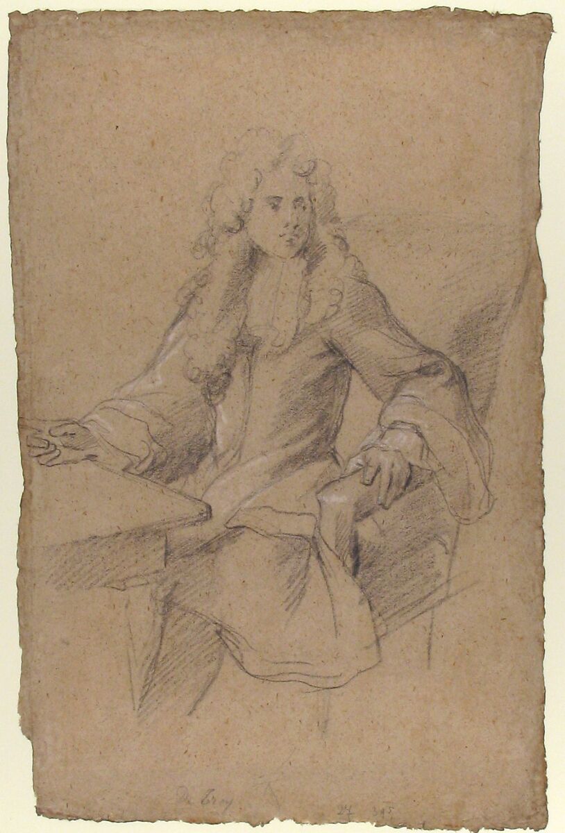 Gentleman Seated at a Table, François de Troy (French, Toulouse 1645–1730 Paris), Black chalk, heightened with white, on beige paper
