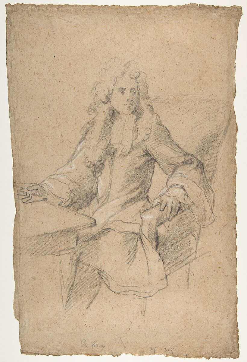 Gentleman Seated at a Table, François de Troy (French, Toulouse 1645–1730 Paris), Black chalk, heightened with white, on beige paper 