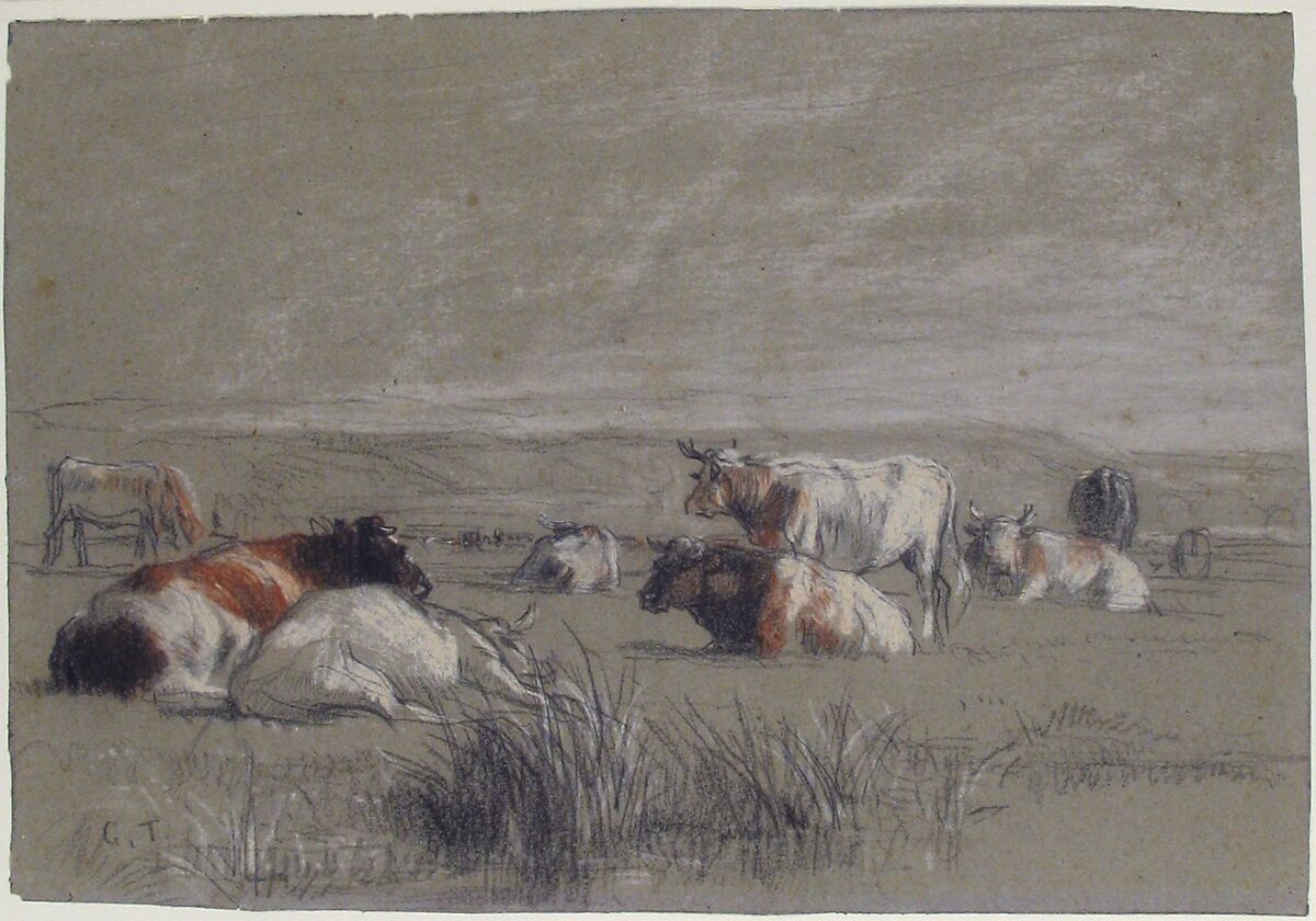Cows in a Landscape, Constant Troyon (French, Sèvres 1810–1865 Paris), Black, white, and red chalk, on blue-green paper