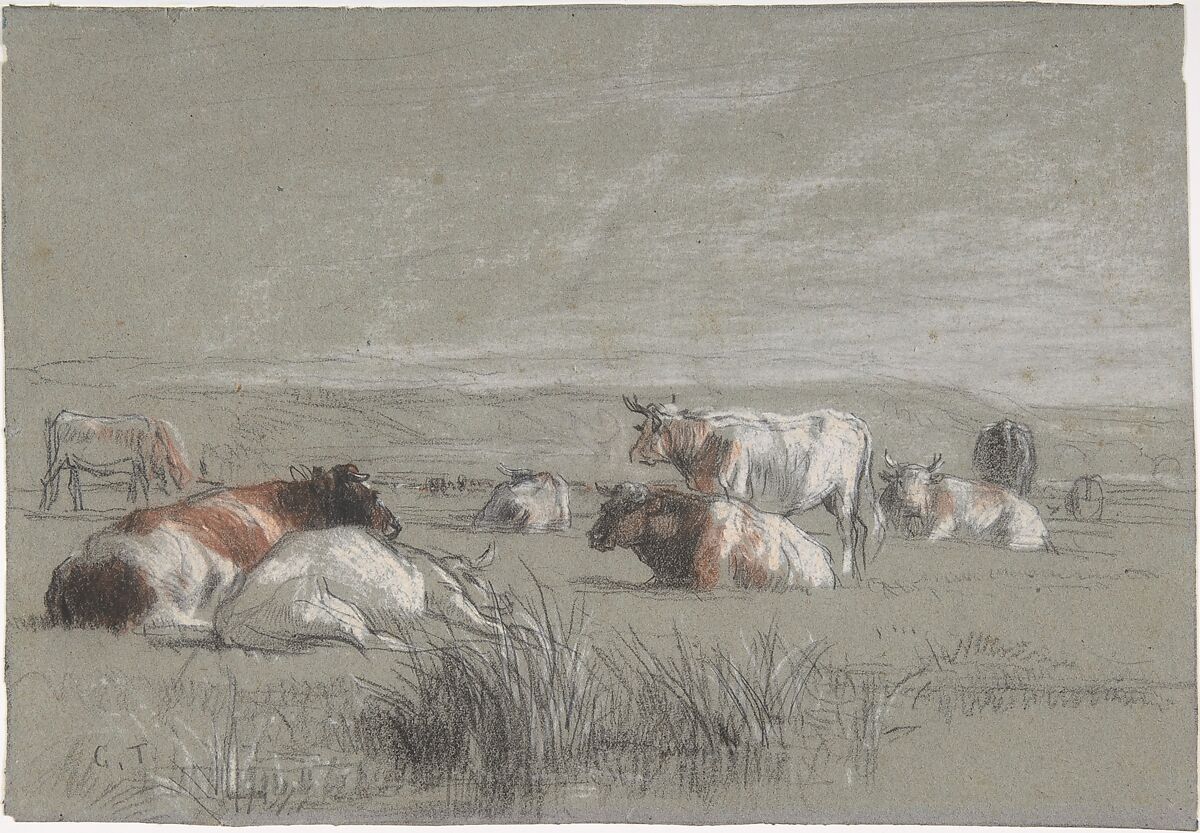 Cows in a Landscape, Constant Troyon (French, Sèvres 1810–1865 Paris), Black, white, and red chalk, on blue-green paper 