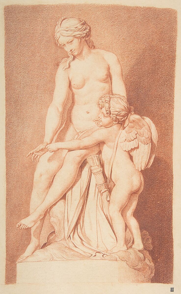 Venus Teaching Cupid to Use His Bow, Louis Claude Vassé (French, Paris 1716–1772 Paris), Red chalk; framing lines in pen and black ink 