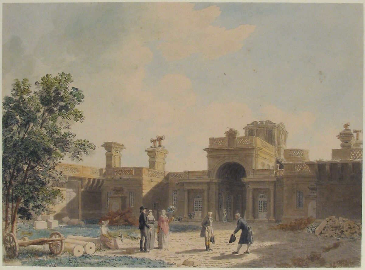 The Entrance Portico of the Château d'Anet, seen from the interior of the courtyard, Jean Lubin Vauzelle (French, Angerville-la-Gâte, 1776–1837), Pen and black ink, watercolor, over black chalk