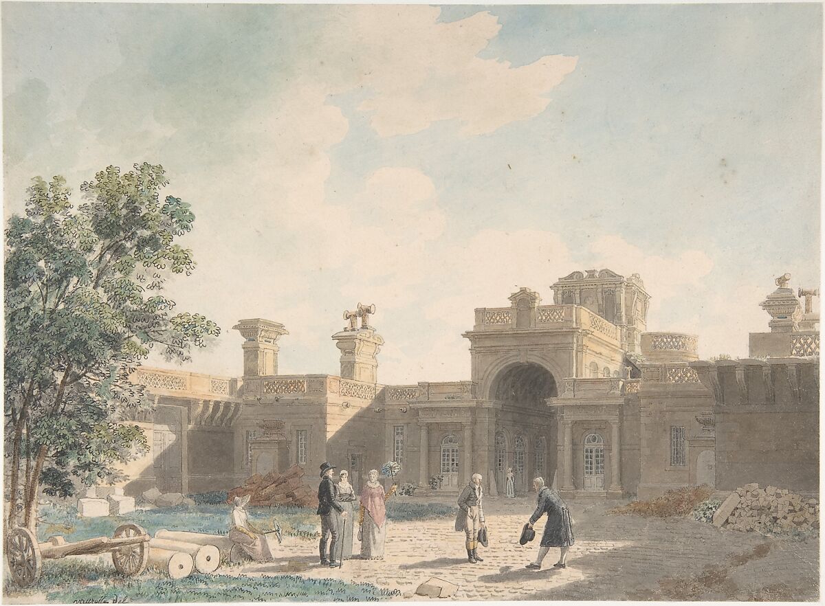 The Entrance Portico of the Château d'Anet, seen from the interior of the courtyard, Jean Lubin Vauzelle (French, Angerville-la-Gâte, 1776–1837), Pen and black ink, watercolor, over black chalk 