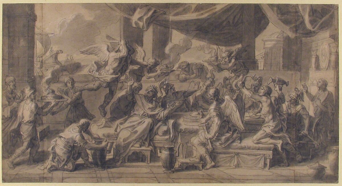 The Harpies Driven from the Table of King Phineus by Zetes and Calais, François Verdier (French, Paris 1651–1730 Paris), Black chalk, brush and gray wash, heightened with white, on beige paper