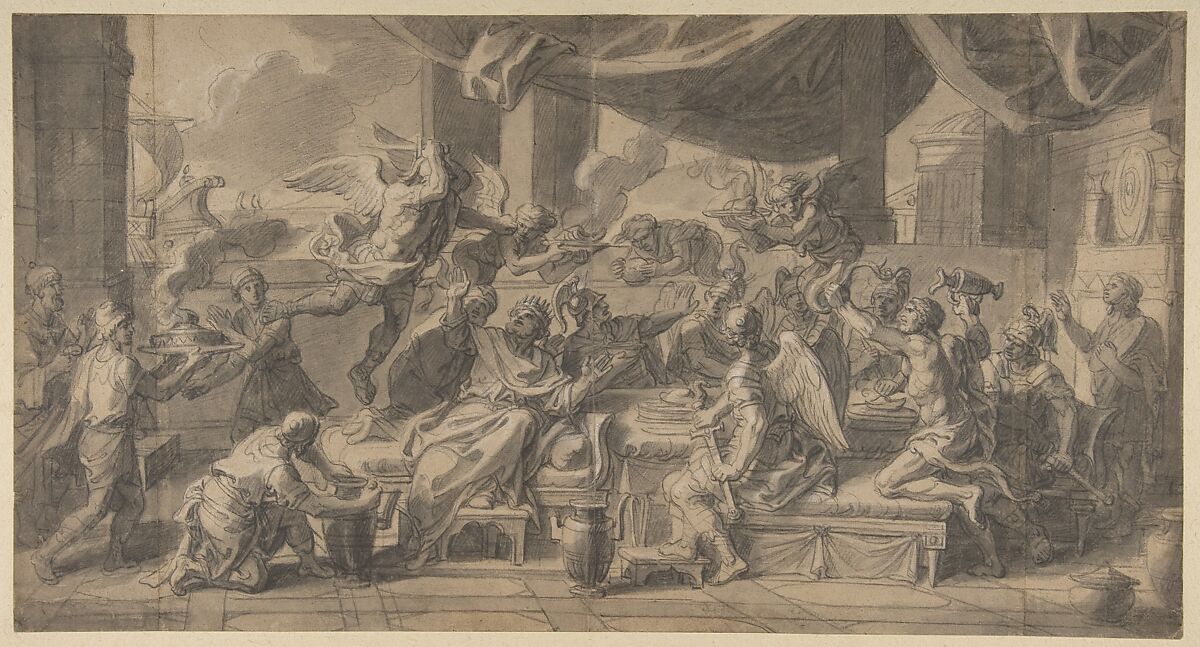 The Harpies Driven from the Table of King Phineus by Zetes and Calais, François Verdier (French, Paris 1651–1730 Paris), Black chalk, brush and gray wash, heightened with white, on beige paper 