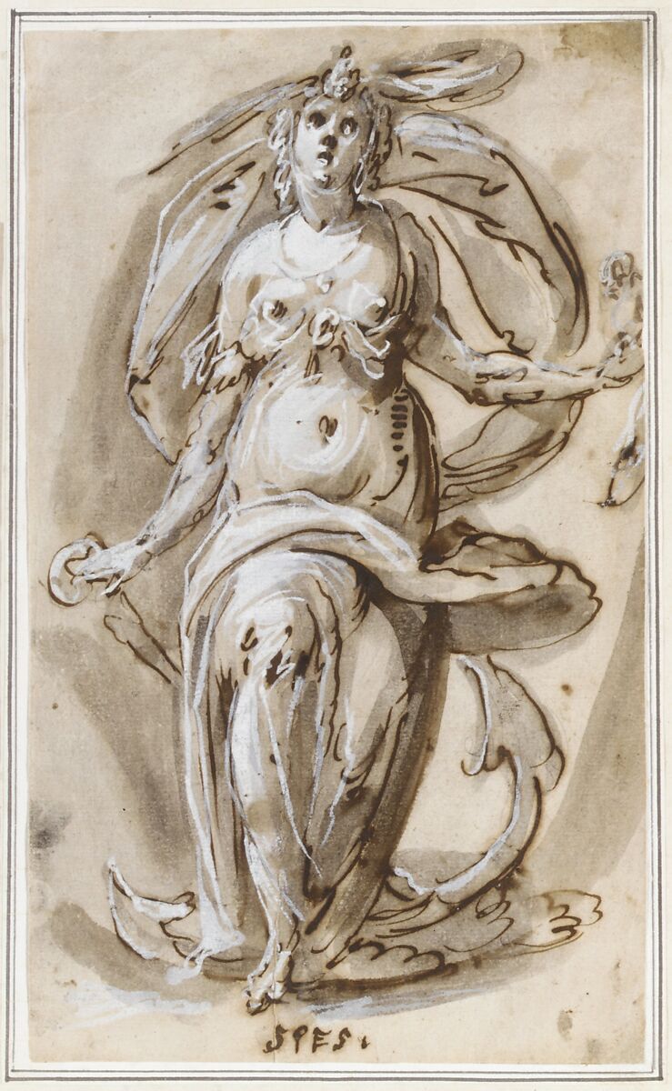 Standing Female Figure with an Anchor (Spes), Hinrich Degener (German, Hamburg, ca. 1615/16), Pen and brown ink, gray wash, heightened with white