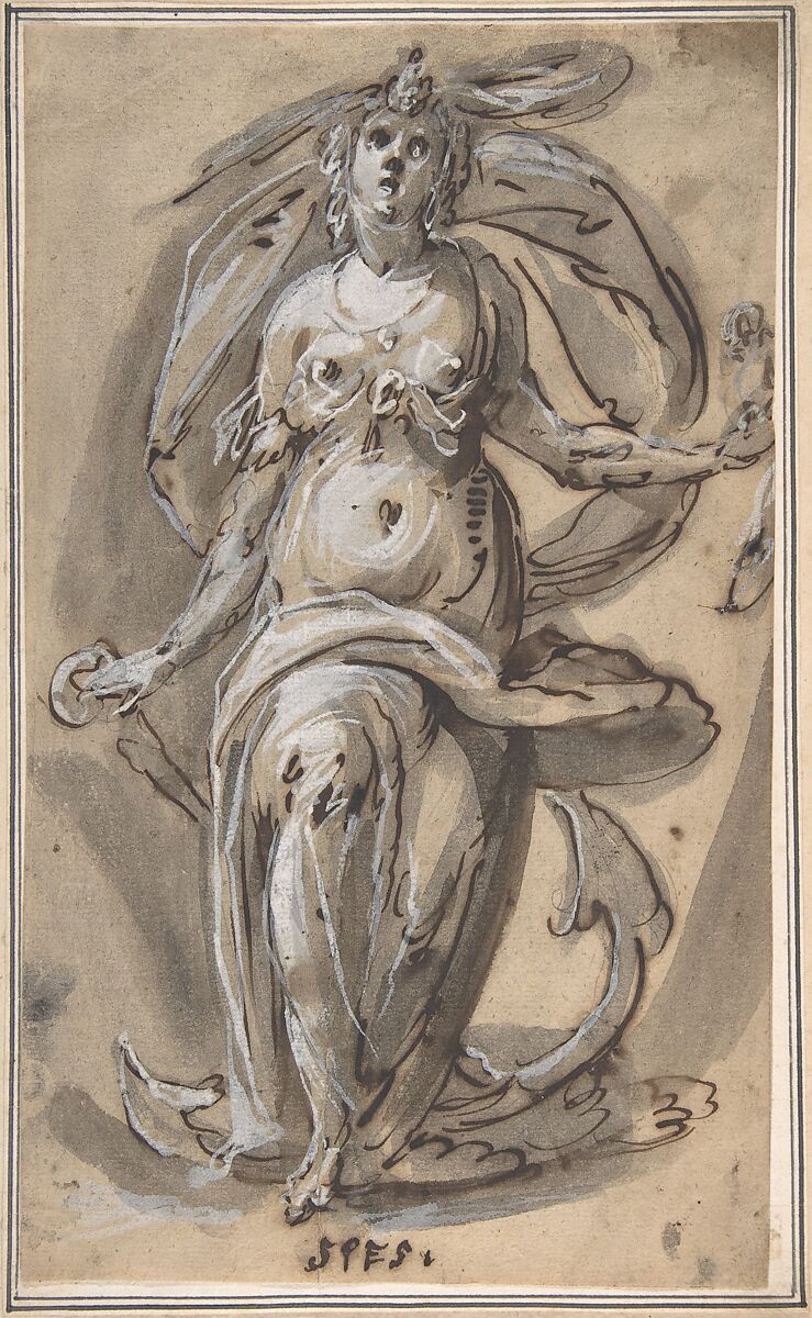 Standing Female Figure with an Anchor (Spes), Hinrich Degener (German, Hamburg, ca. 1615/16), Pen and brown ink, gray wash, heightened with white 