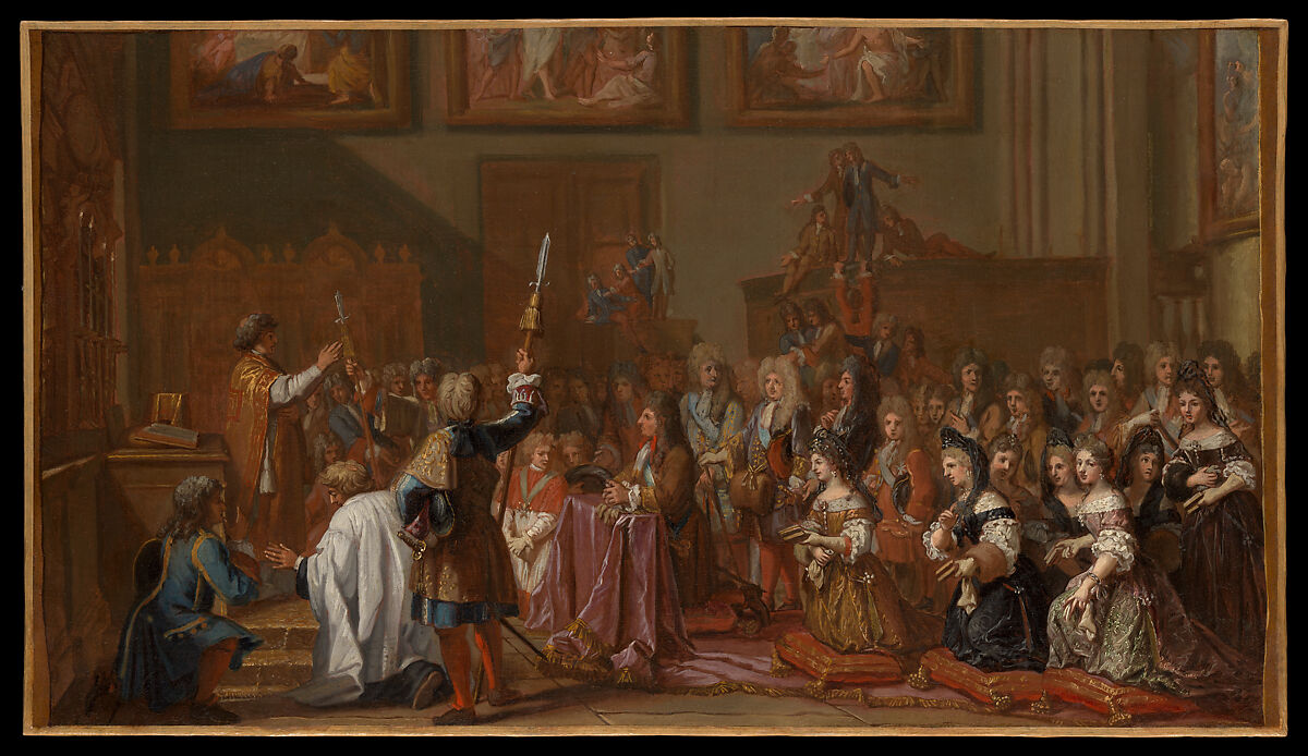 Louis XIV in Notre-Dame de Paris on January 30, 1687 at a Thanksgiving Service after his Recovery from a Grave Illness, Guy Louis Vernansal the Elder (French, Fontainebleau 1648–1729 Paris), Oil paint on paper, mounted on canvas 