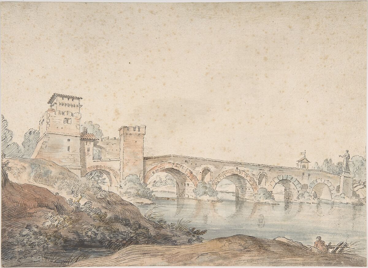 Ponte Molle, Rome, Attributed to Joseph Vernet (French, Avignon 1714–1789 Paris), Watercolor 