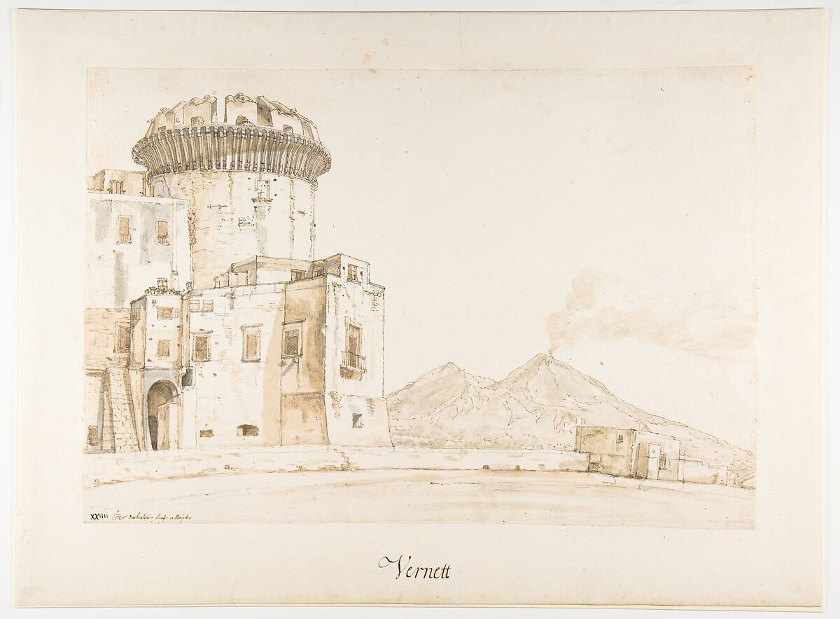 The Castel Nuovo in Naples, with a View of Mount Vesuvius, Joseph Vernet  French, Pen and brown ink, brush and brown and gray wash, over black chalk