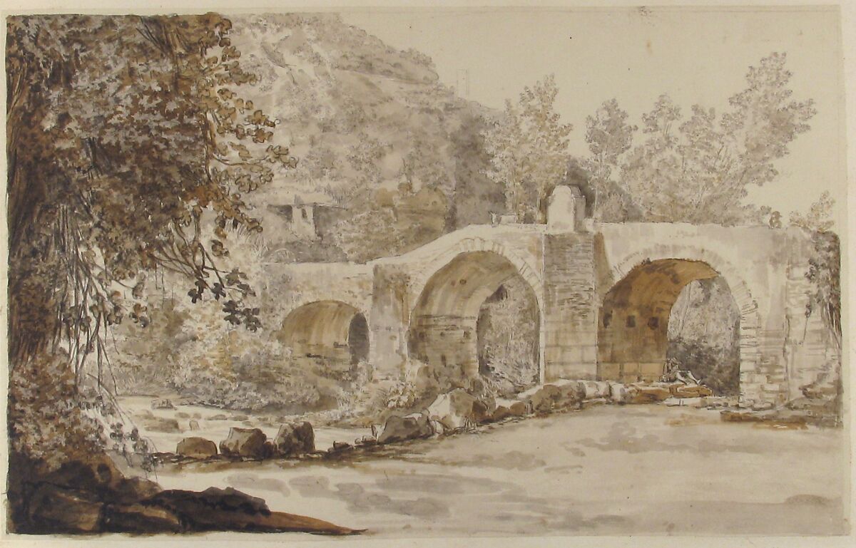The Ponte Acquoria, Joseph Vernet (French, Avignon 1714–1789 Paris), Brush and brown and gray wash over black chalk