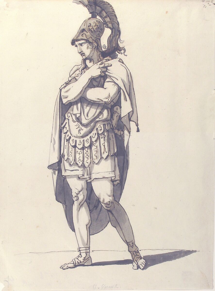 Standing Warrior, Bartolomeo Pinelli (Italian, Rome 1781–1835 Rome), Pen and brown ink, brush and gray and brown wash
