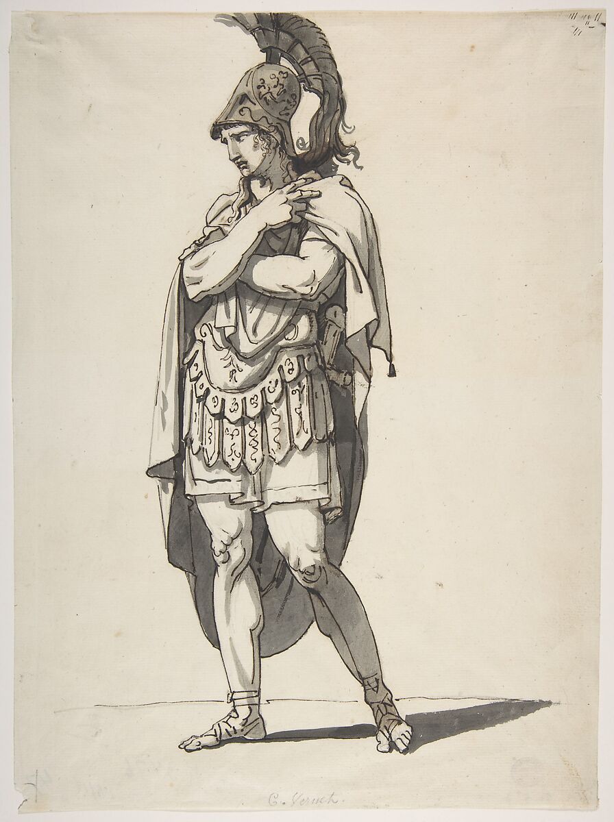 Standing Warrior, Bartolomeo Pinelli (Italian, Rome 1781–1835 Rome), Pen and brown ink, brush and gray and brown wash 