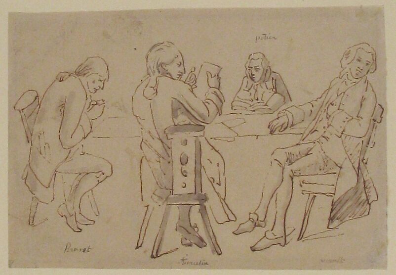 Four Artists seated at a table (Brunet, Potier, Tiercetin [?], Vernet), Attributed to Carle (Antoine Charles Horace) Vernet (French, Bordeaux 1758–1836 Paris), Pen and brown ink, brush and gray wash