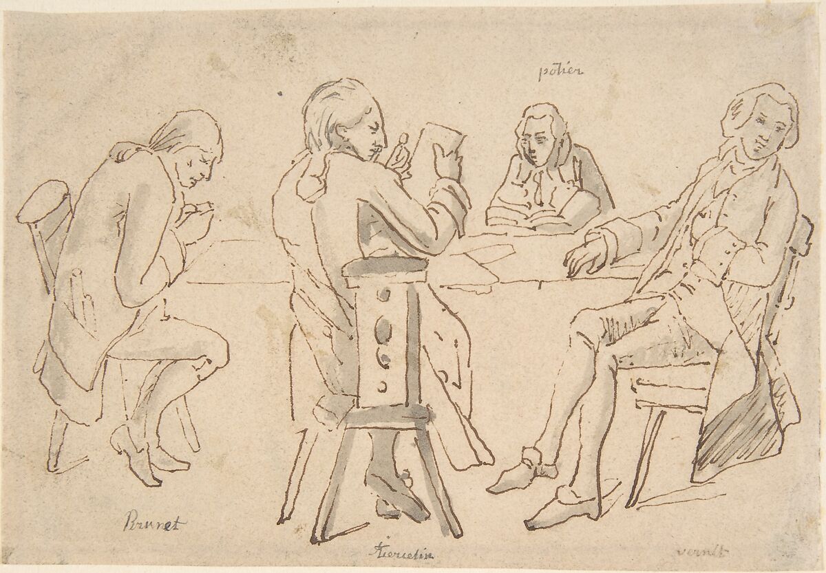 Four Artists seated at a table (Brunet, Potier, Tiercetin [?], Vernet), Attributed to Carle (Antoine Charles Horace) Vernet (French, Bordeaux 1758–1836 Paris), Pen and brown ink, brush and gray wash 