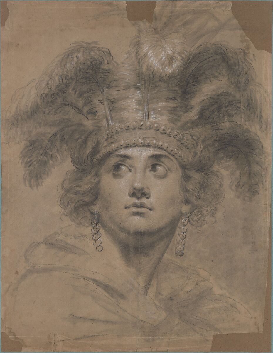 Head of a Woman (Allegory of America), Antoine Vestier (French, Avallon 1740–1824 Paris), Black crayon, heightened with white chalk on buff paper 