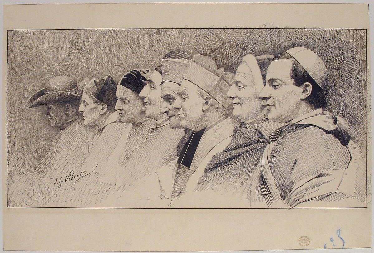 Eight Heads of Ecclesiastics, Jean-Georges Vibert (French, Paris 1840–1902 Paris), Pen and black ink