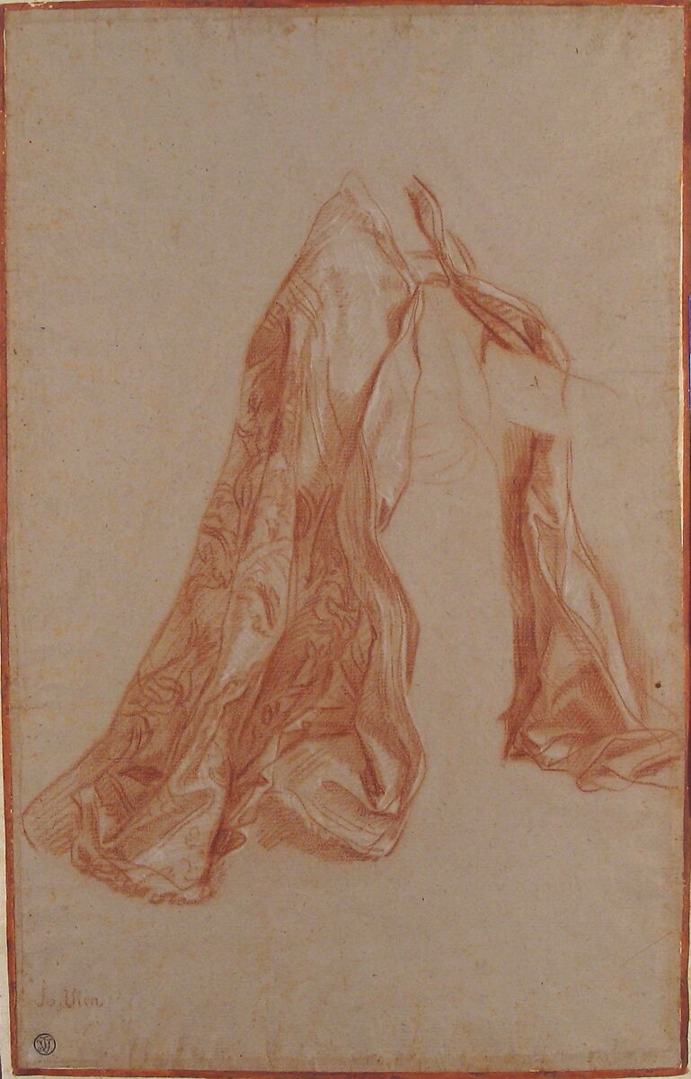Kneeling Figure Wearing a Cope, Joseph Marie Vien (French, Montpellier 1716–1809 Paris), Red chalk, heightened with white chalk, on beige paper