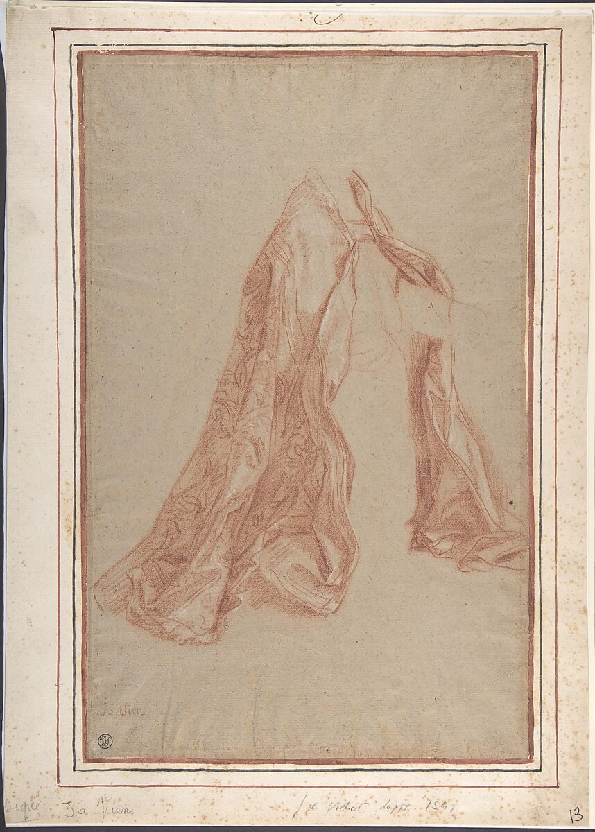Kneeling Figure Wearing a Cope, Joseph Marie Vien (French, Montpellier 1716–1809 Paris), Red chalk, heightened with white chalk, on beige paper 