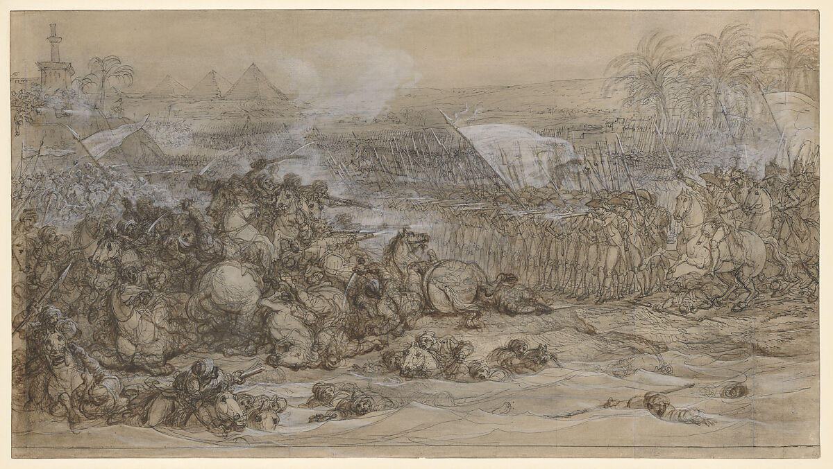 Battle of the Pyramids, July 21, 1798, François André Vincent (French, Paris 1746–1816 Paris), Pen and black ink, brush and brown wash, heightened with white on beige washed paper; squared in graphite 