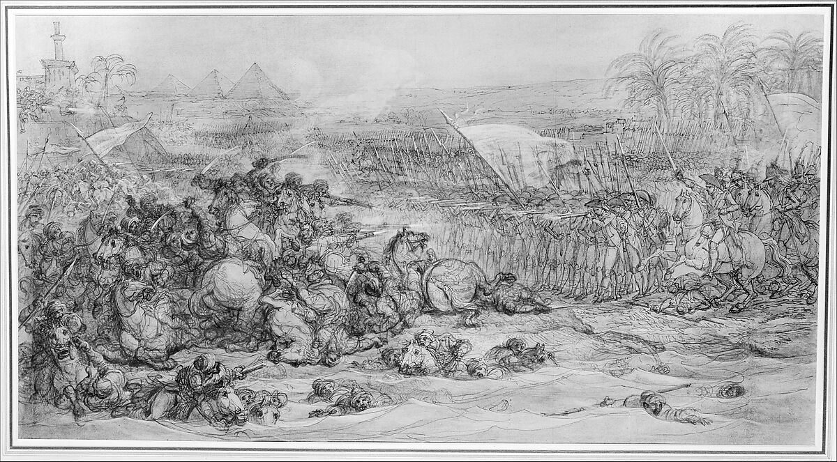 Battle of the Pyramids, July 21, 1798, François André Vincent (French, Paris 1746–1816 Paris), Pen and black ink, brush and brown wash, heightened with white on beige washed paper; squared in graphite