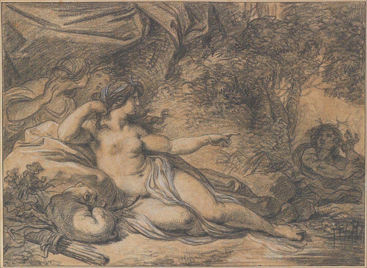 Diana and Acteon, François André Vincent (French, Paris 1746–1816 Paris), Black chalk heightened with white, over stumped charcoal, on beige paper 